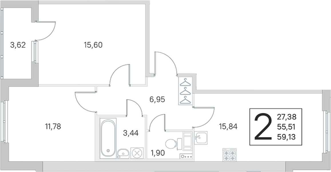 2-комнатная квартира 55.51 м², 2/4 эт., ЖК «Любоград в Стрельне»